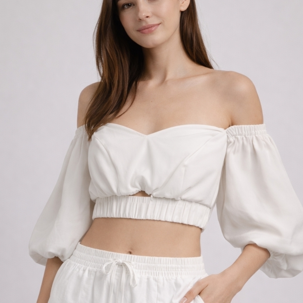 FAIRYTALE WHITE OFF SHOULDER PUFF SLEEVE CROP TOP SIZE SMALL